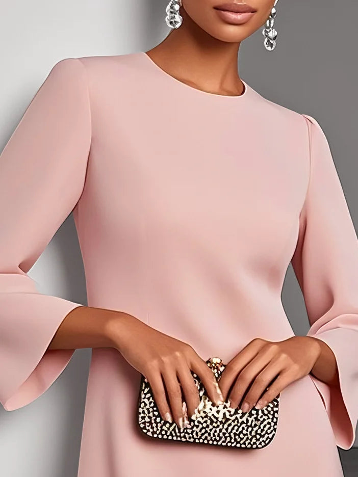 Pink 3D Floral Classic Crew Neck Long Sleeve Shift Mini Dress