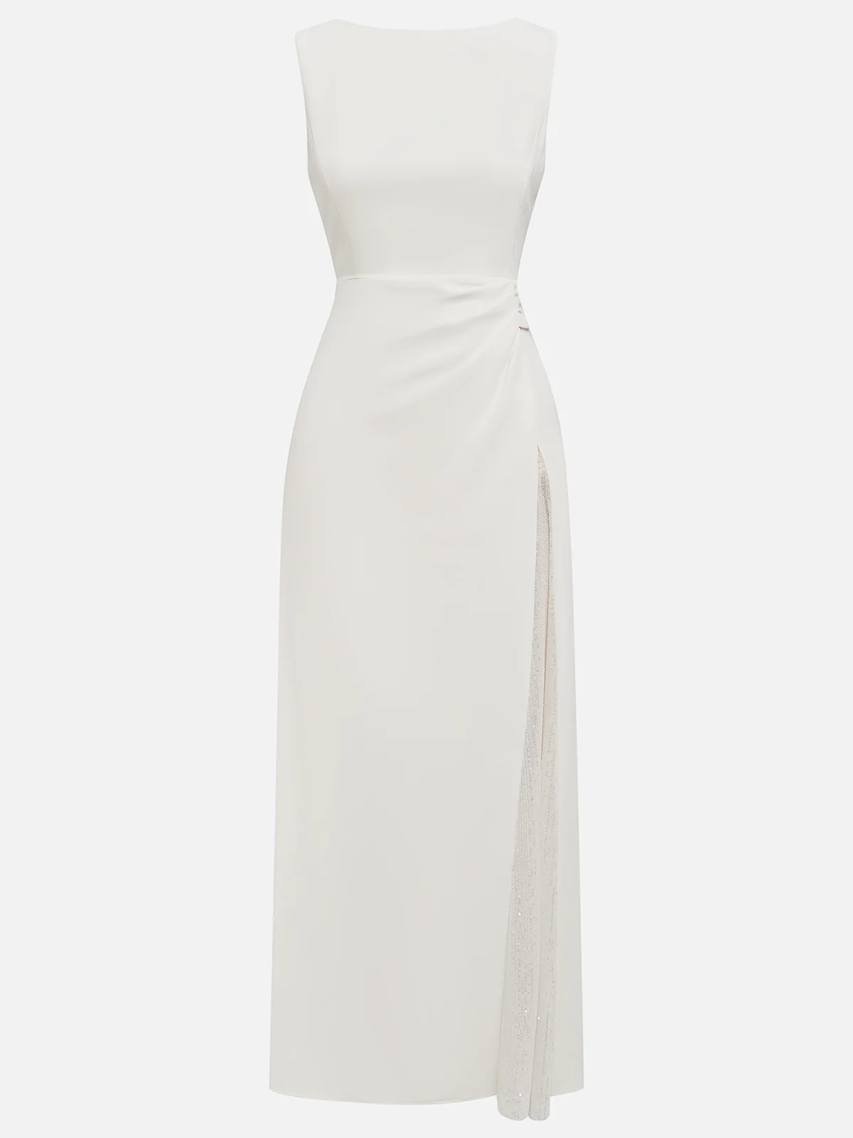 White Sequin Ruched Classic Sleeveless A-Line Midi Dress
