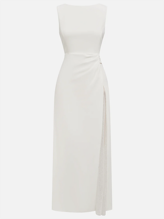 White Sequin Ruched Classic Sleeveless A-Line Midi Dress
