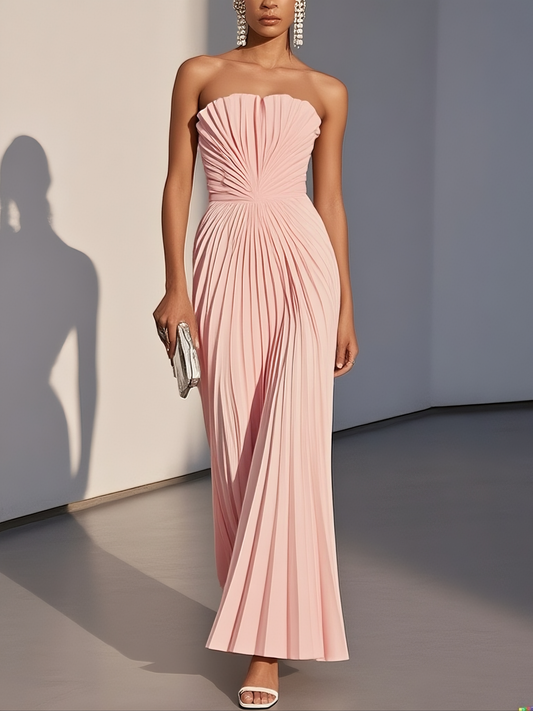 Pink Pleated Classic Strapless Sleeveless A-Line Maxi Dress