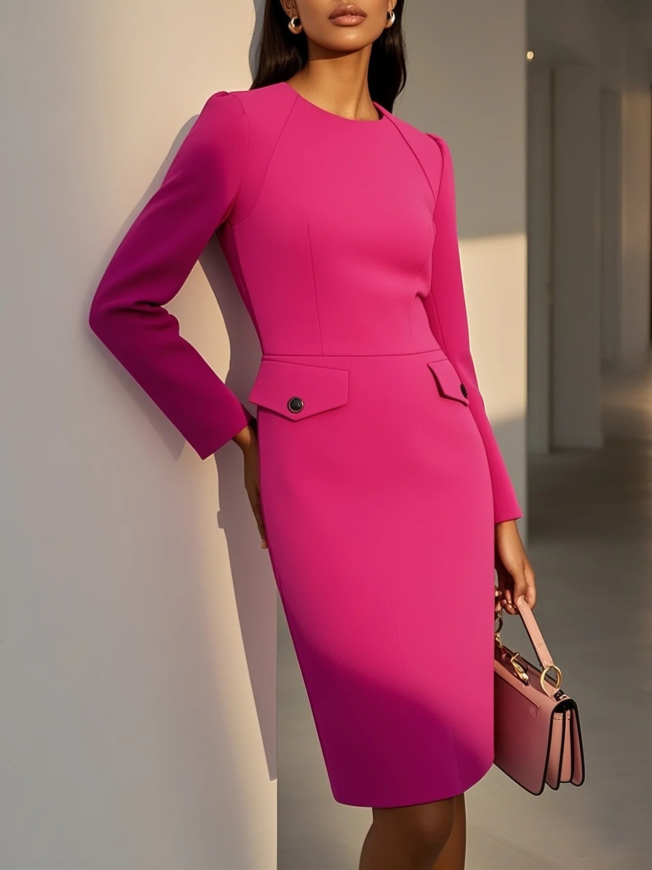 Rose Red Buckle Classic Crew Neck Long Sleeve Sheath Mini Dress