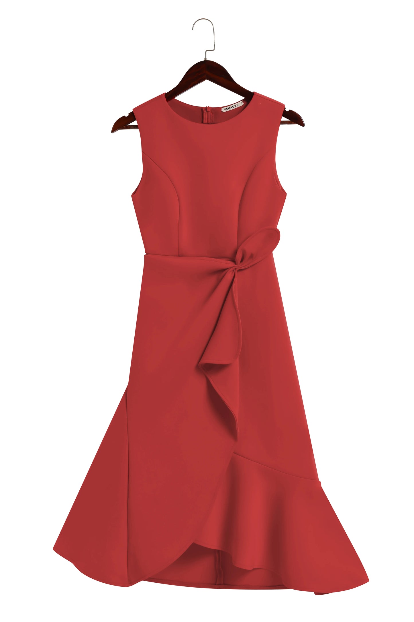 Red Asymmetric Ruffled Classic Boat Neck Sleeveless Midi Elegant A-line Dress with Waist Twist for Day-to-Night