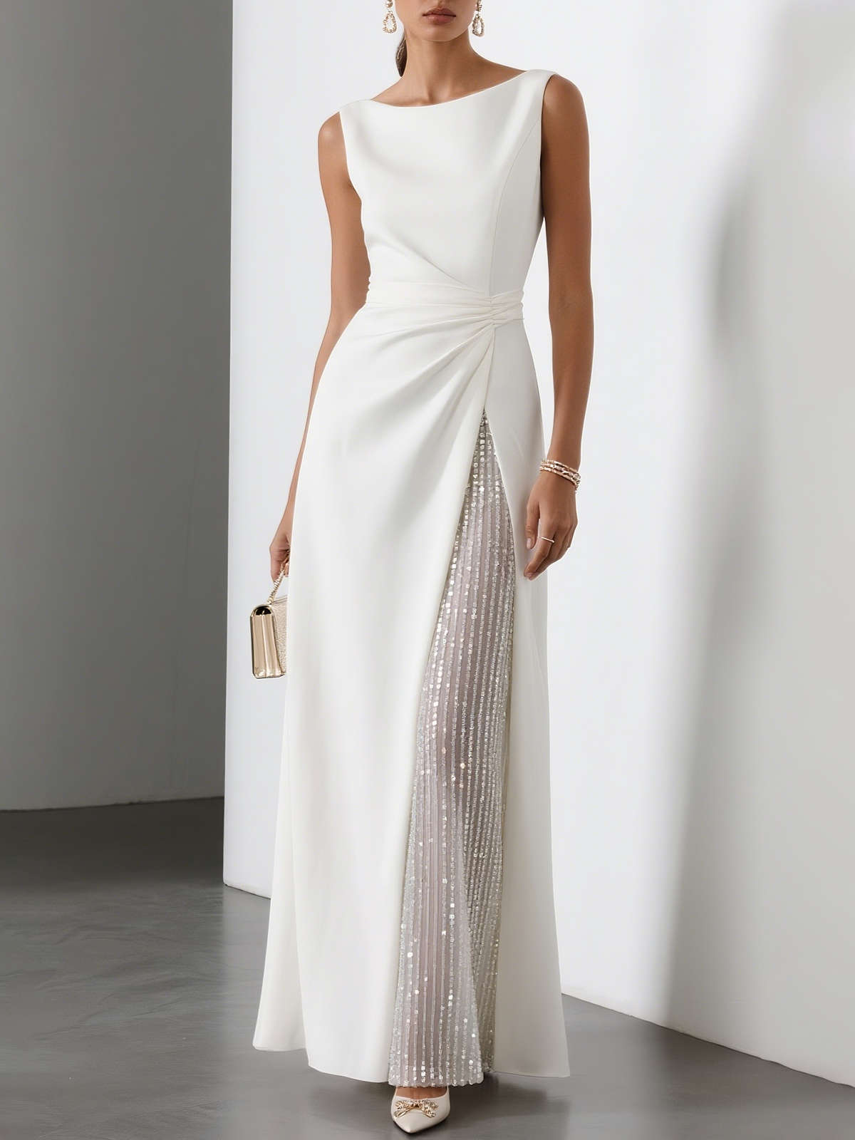 White Sequin Ruched Classic Sleeveless A-Line Midi Dress