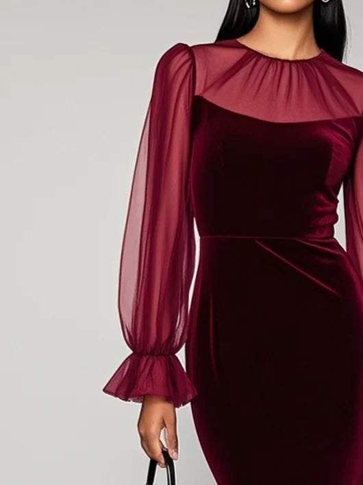 Wine Red Mesh Velvet Crew Neck Long Sleeve Bell Sleeve Sheath Midi Dress