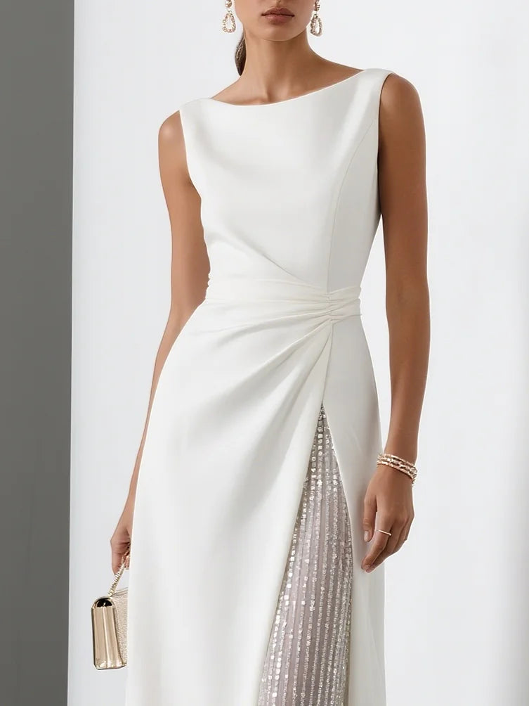 White Sequin Ruched Classic Sleeveless A-Line Midi Dress