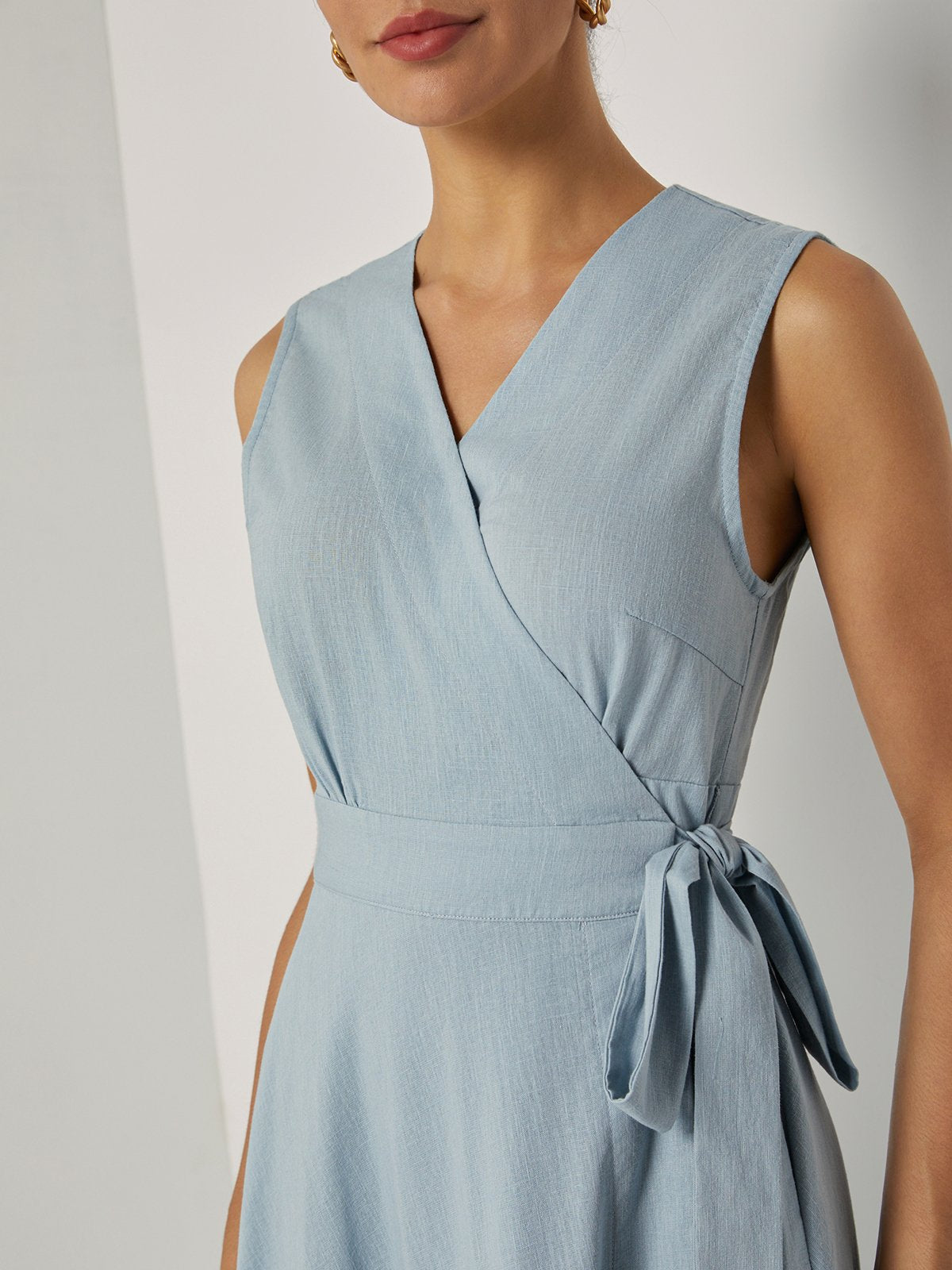 Light Blue Bow Lyocell Linen Wrap V Neck Sleeveless A-Line Maxi Dress