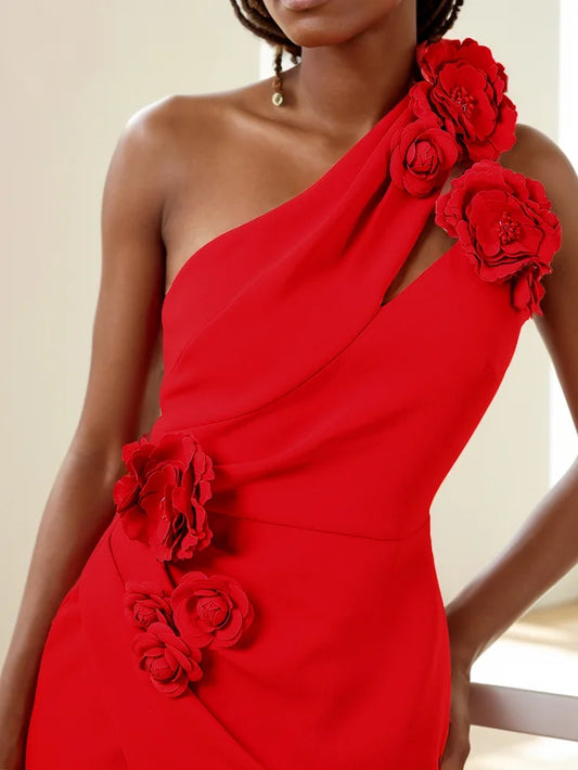 Red 3D Floral One-Shoulder Sheath Midi Dress