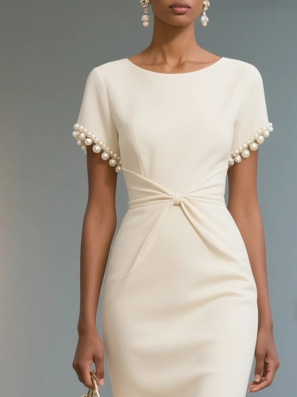 White Imitation Pearls Knot Front Classic Boat Neck Short Sleeve Sheath Midi Dress
