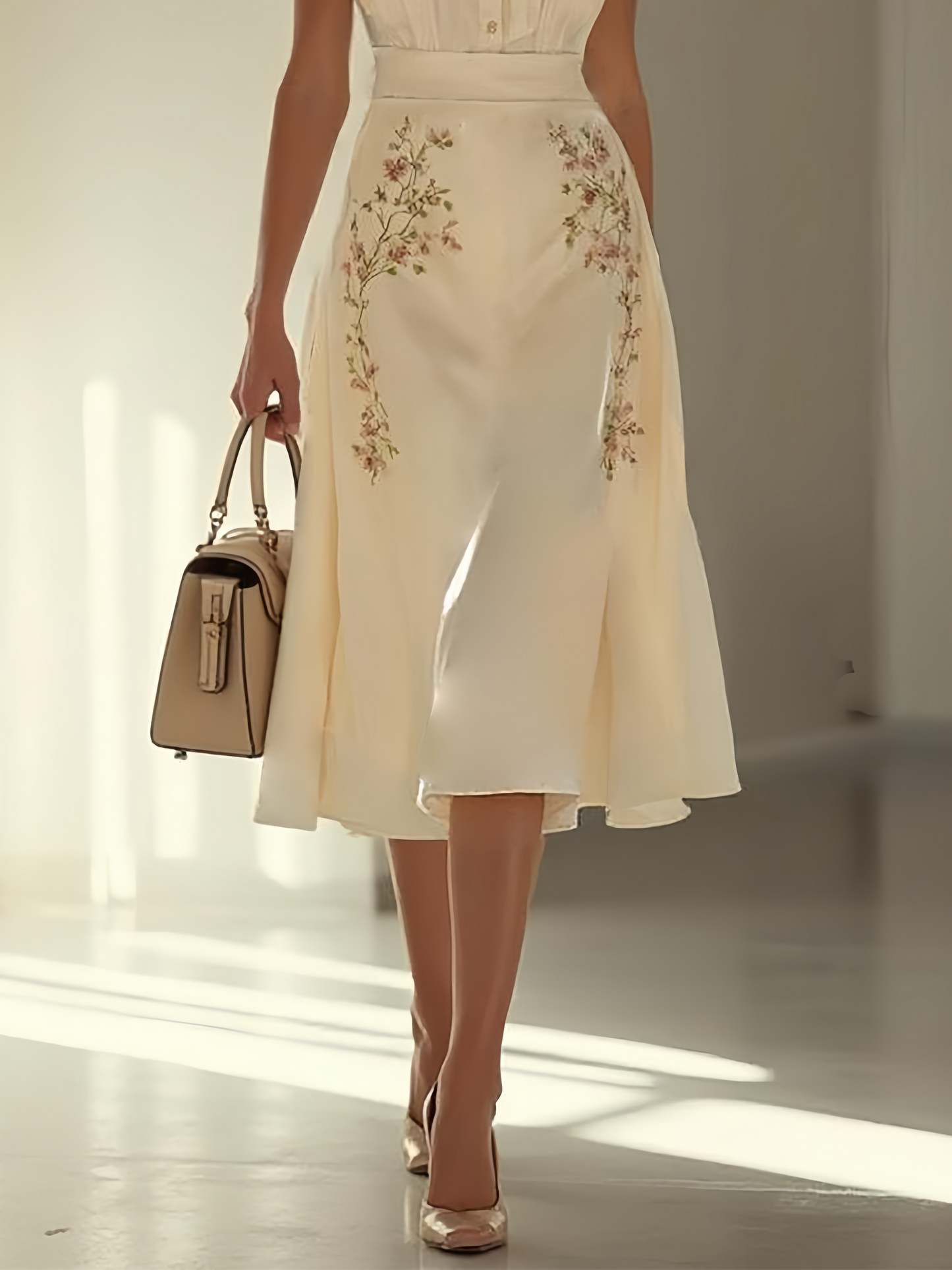 Apricot Embroidery Floral Classic Bow Collar Cap Sleeve A-Line Midi Dress