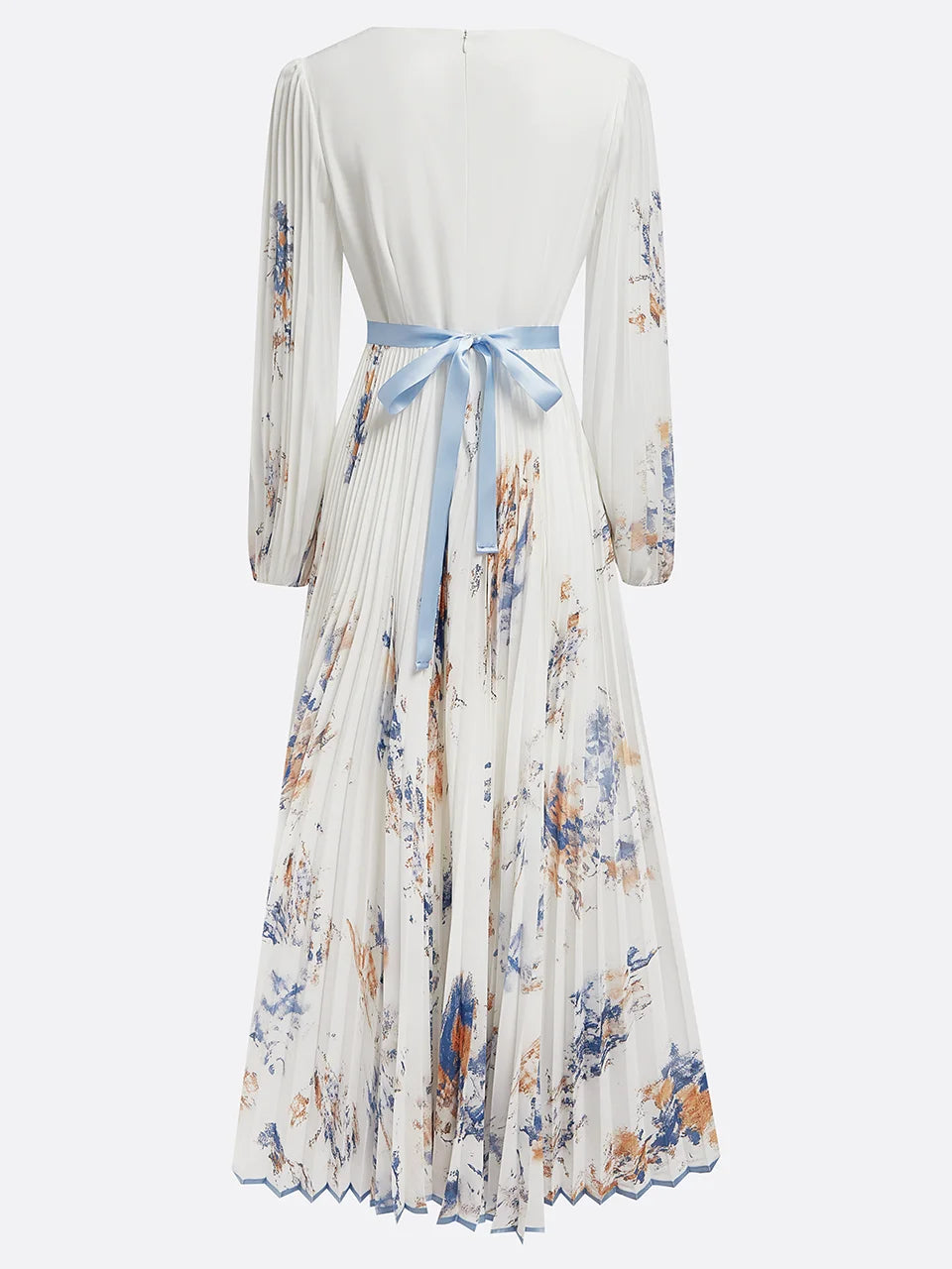 White Pleated Floral Chiffon V Neck Long Sleeve Balloon Sleeve A-Line Maxi Dress