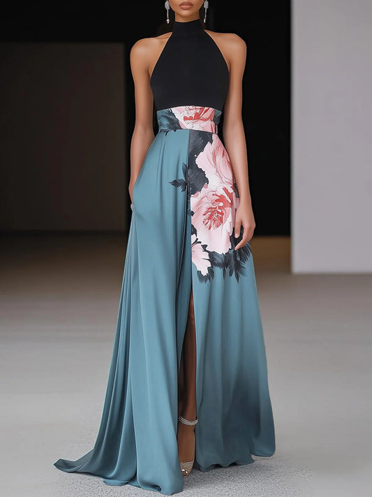 Black Slit Floral Satin Halter Sleeveless A-Line Maxi Dress