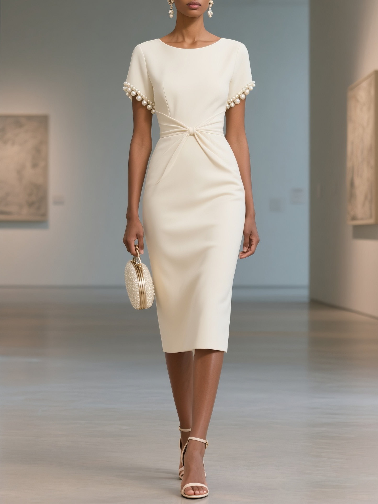 White Imitation Pearls Knot Front Classic Boat Neck Short Sleeve Sheath Midi Dress
