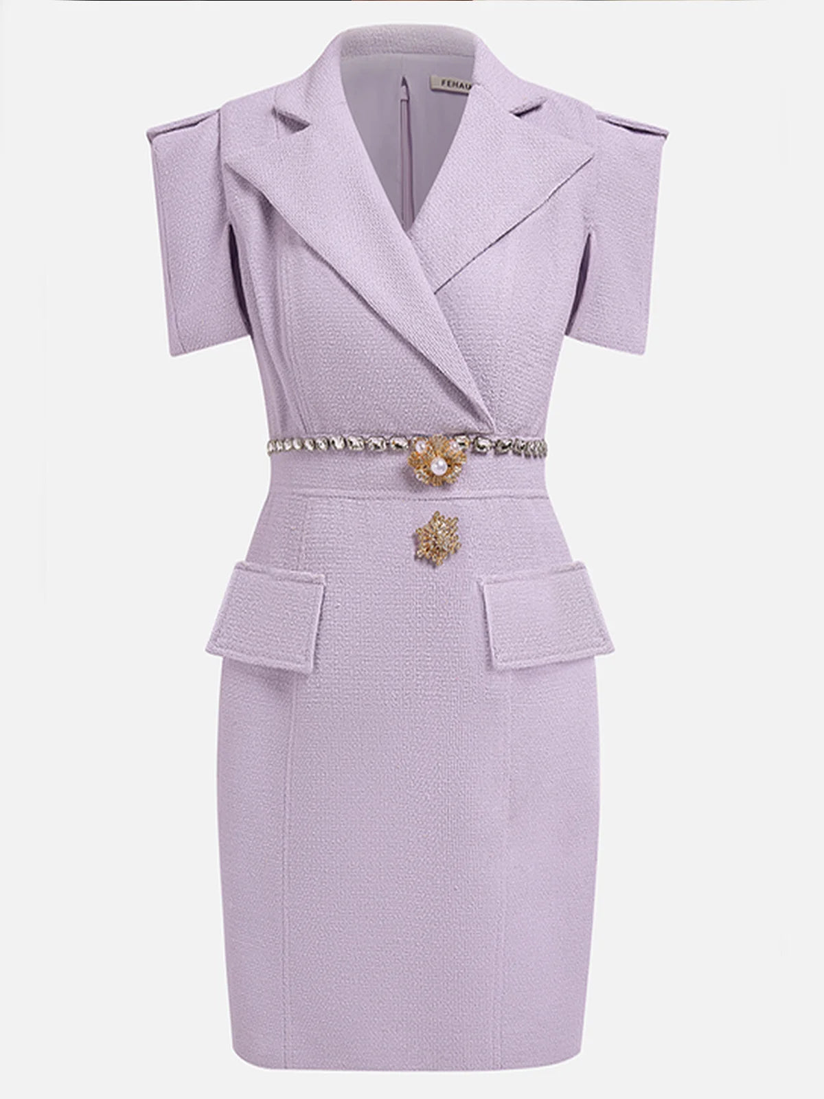 Lavender Purple Shawl Collar Short Sleeve Tweed Sheath Mini Homecoming Dress
