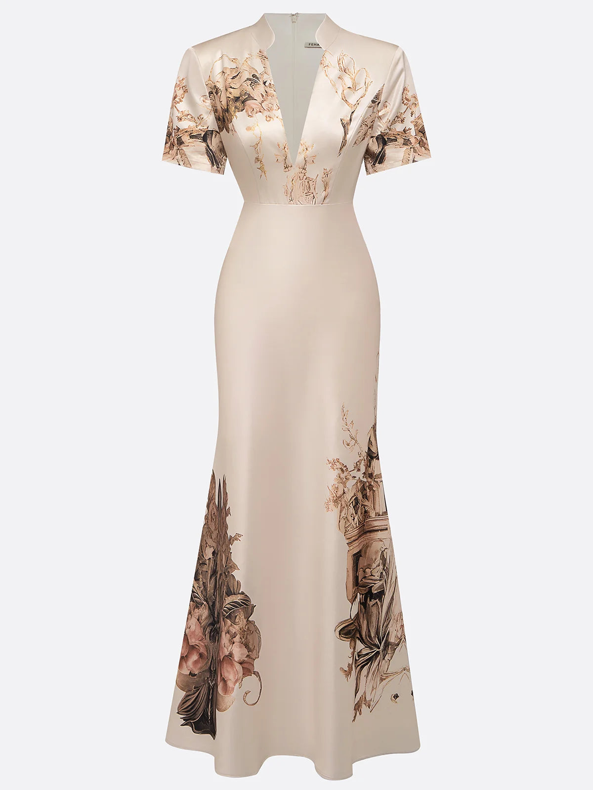 Beige Floral Satin Deep V Neck Short Sleeve Mermaid Maxi Dress