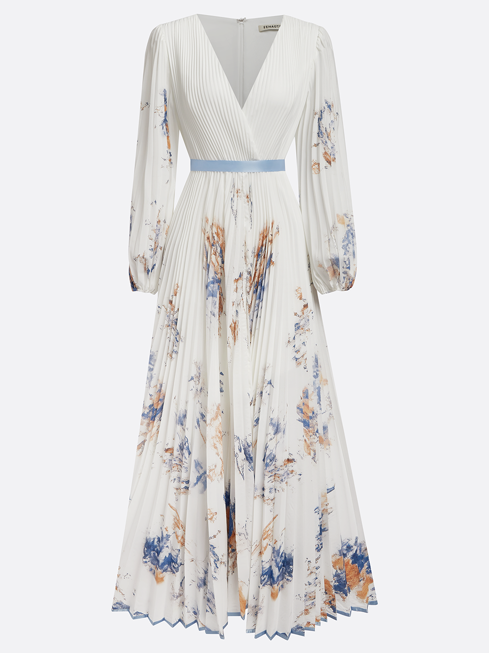 White Pleated Floral Chiffon V Neck Long Sleeve Balloon Sleeve A-Line Maxi Dress